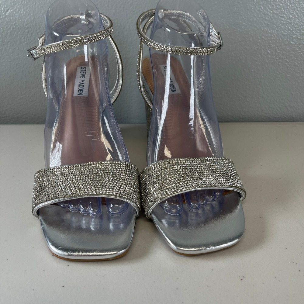 Steve Madden Sophey Sz 10 Silver Rhinestone Wedge Sandals Ankle Strap Sparkly - Picture 2 of 13